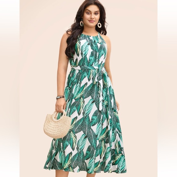 BloomChic Tropical Print Knotted Pocket Ruffles Belted Halter Dress us12 - Picture 1 of 8